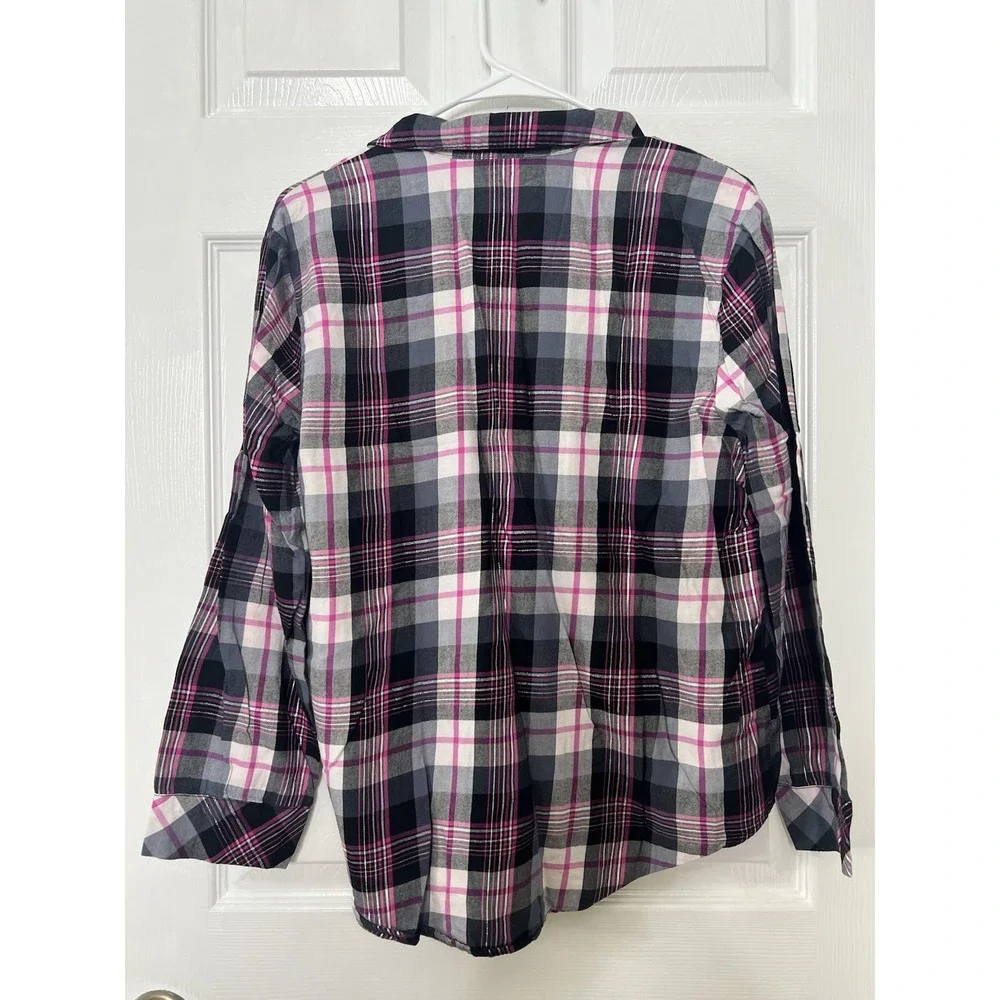 Victorias Secret 2PC Flannel Plaid Long Sleeve ButtonUp Shirt Pants Pink Black S